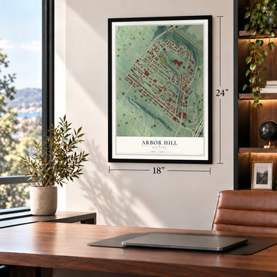 Arbor Hill, New York map, 18 x 24 inch print in a black frame in a home office