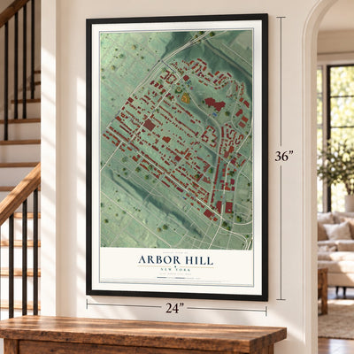 Arbor Hill, New York map, 24 x 36 inch print in a black frame by a staircase