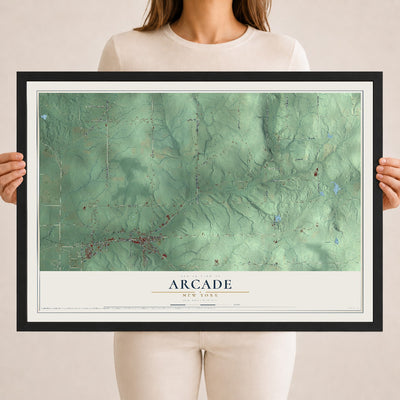 Arcade, New York map print, 18" x 24" W/ Black Ayous Wood Frame mockup
