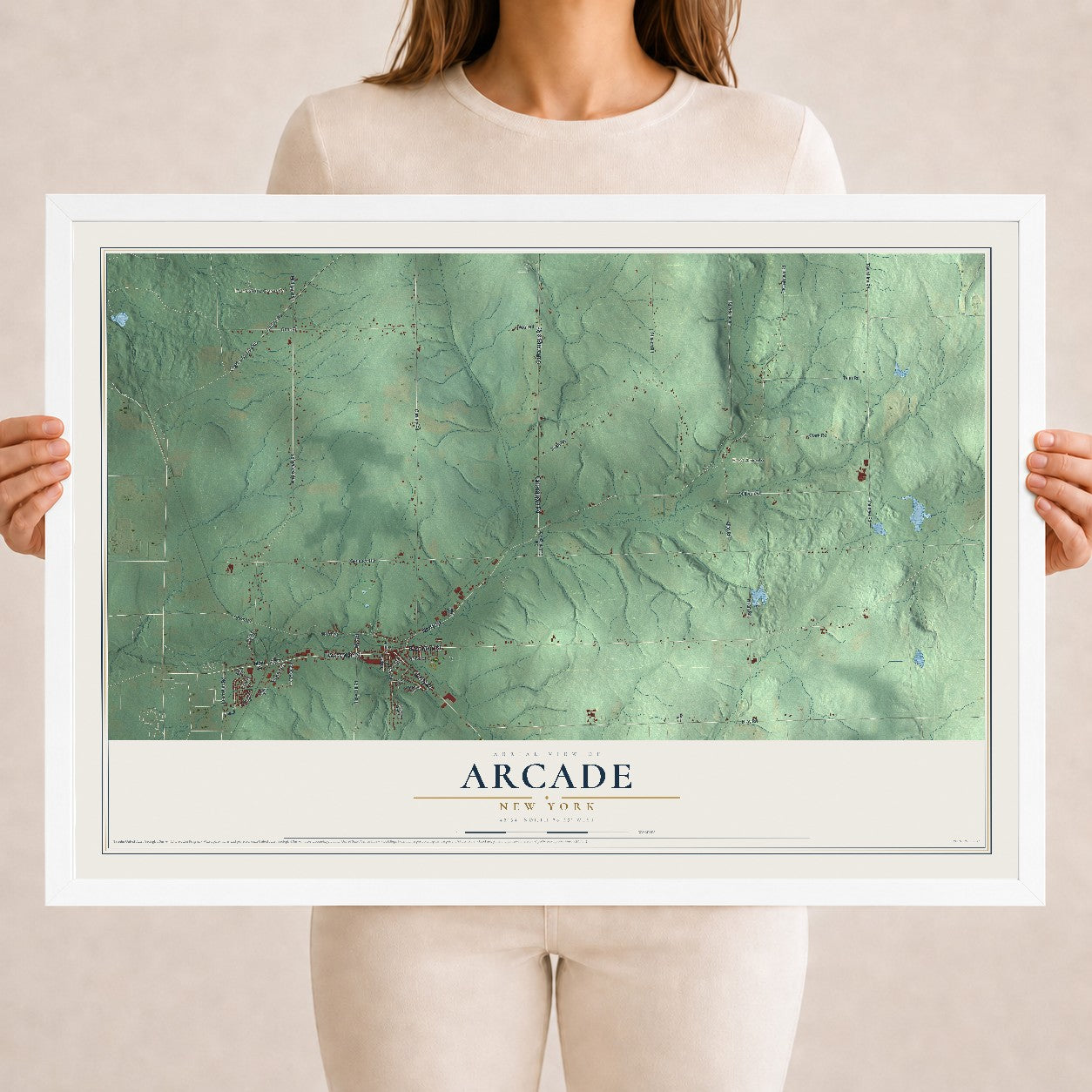 Arcade, New York map print, 18" x 24" W/ White Ayous Wood Frame mockup