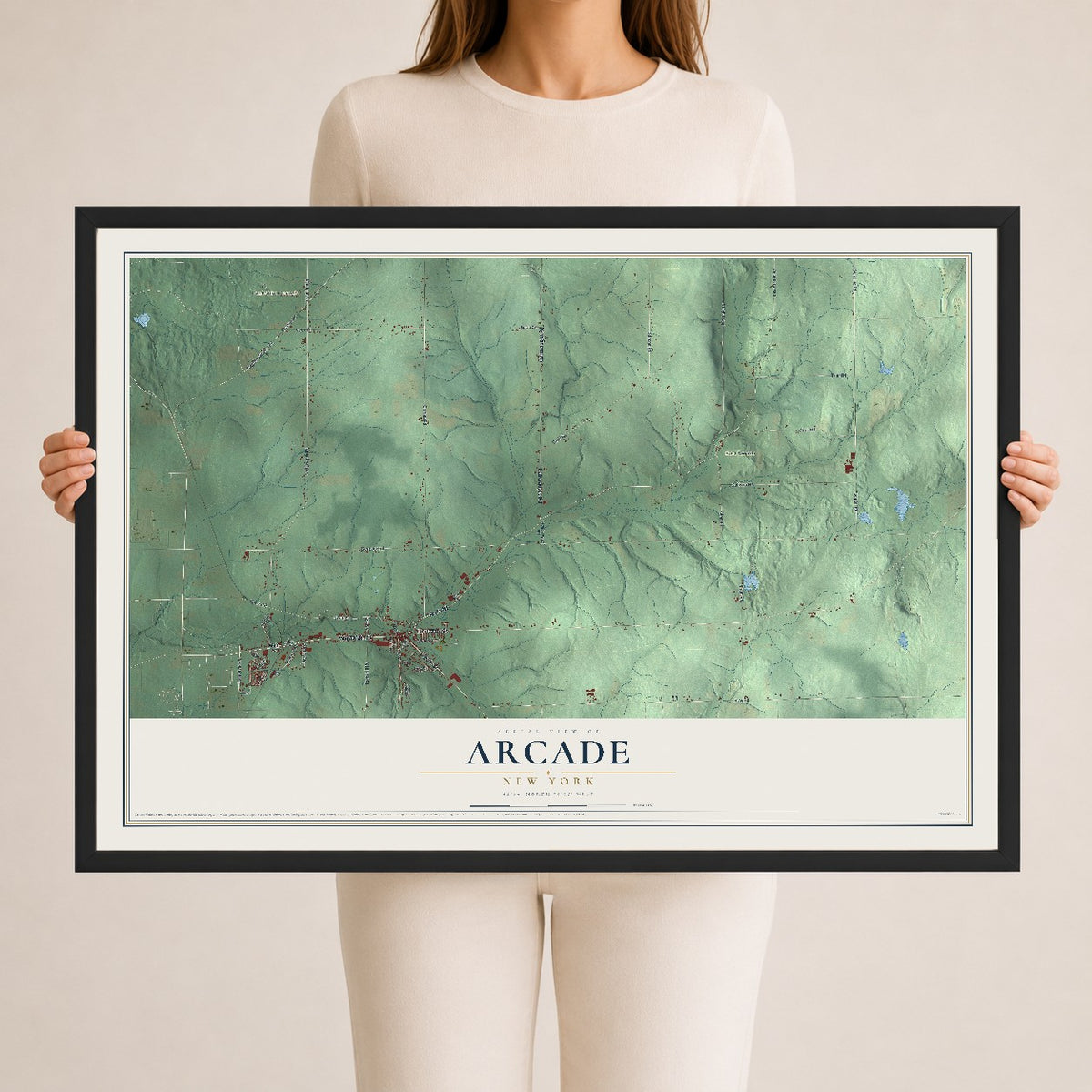 Arcade, New York map print, 24" x 36" W/ Black Ayous Wood Frame mockup