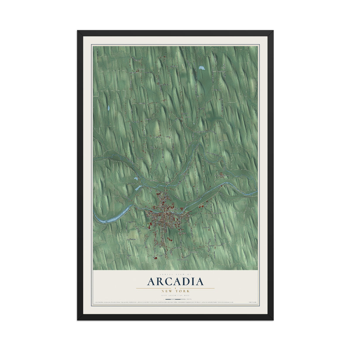 Arcadia, New York map print, 12" x 18" W/ Black Ayous Wood Frame mockup