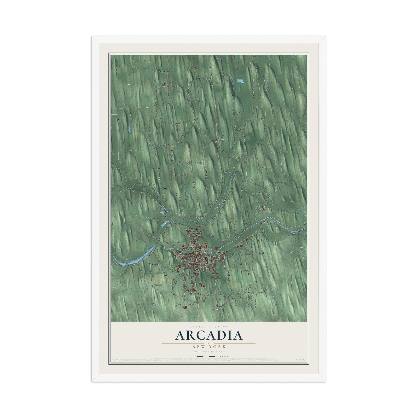 Arcadia, New York map print, 12" x 18" W/ White Ayous Wood Frame mockup