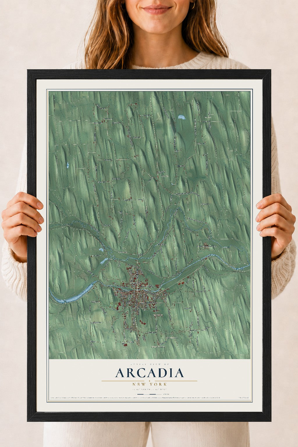 Arcadia, New York map print, 18" x 24" W/ Black Ayous Wood Frame mockup