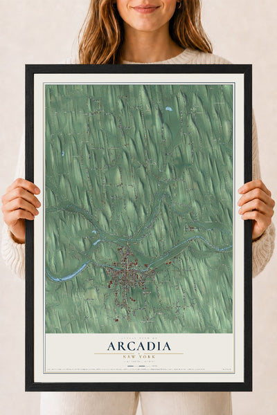 Arcadia, New York map print, 18" x 24" W/ Black Ayous Wood Frame mockup