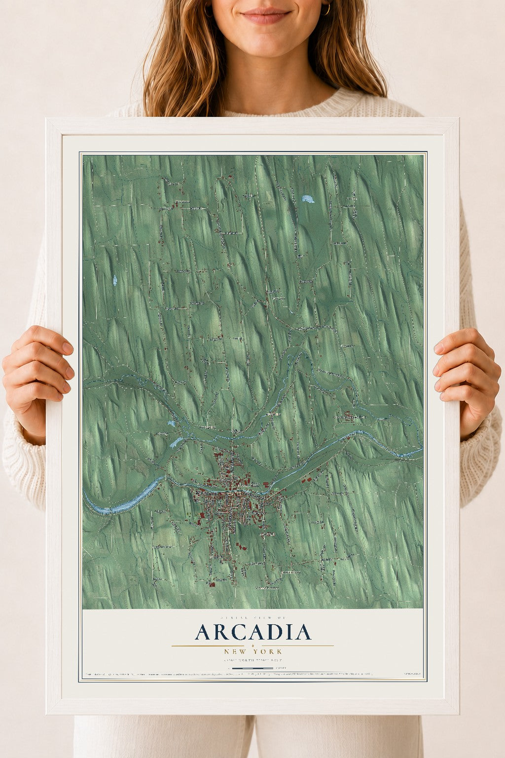 Arcadia, New York map print, 18" x 24" W/ White Ayous Wood Frame mockup