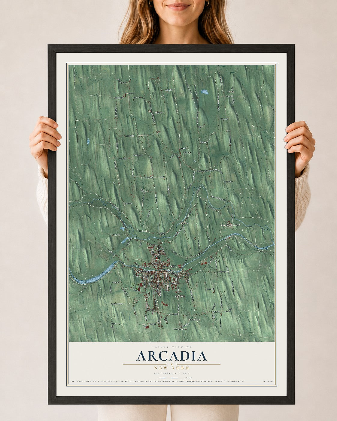 Arcadia, New York map print, 24" x 36" W/ Black Ayous Wood Frame mockup