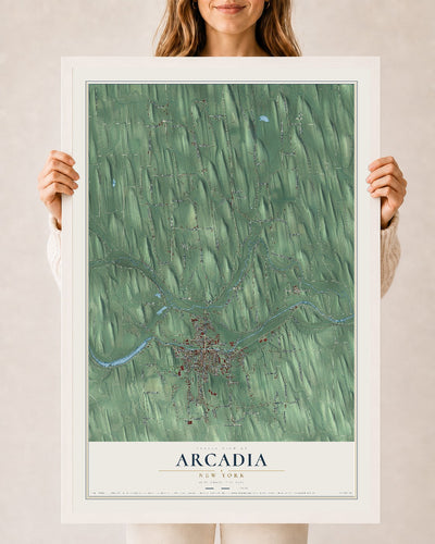 Arcadia, New York map print, 24" x 36" W/ White Ayous Wood Frame mockup