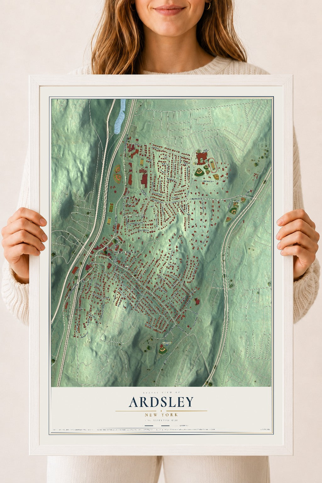 Ardsley, New York map print, 18" x 24" W/ White Ayous Wood Frame mockup