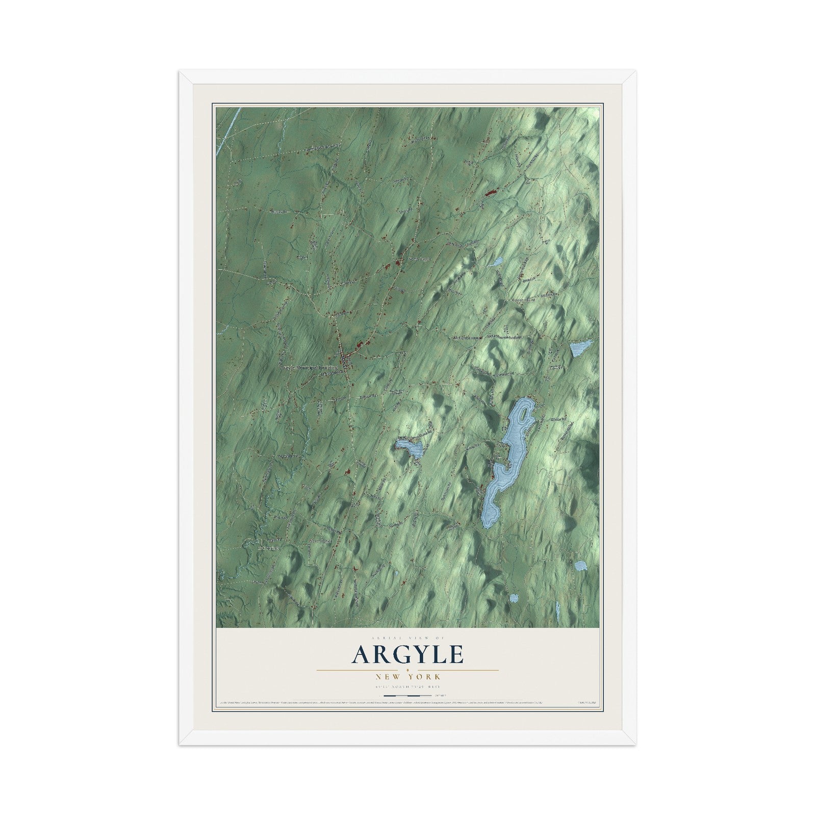 Argyle, New York map print, 12" x 18" W/ White Ayous Wood Frame mockup