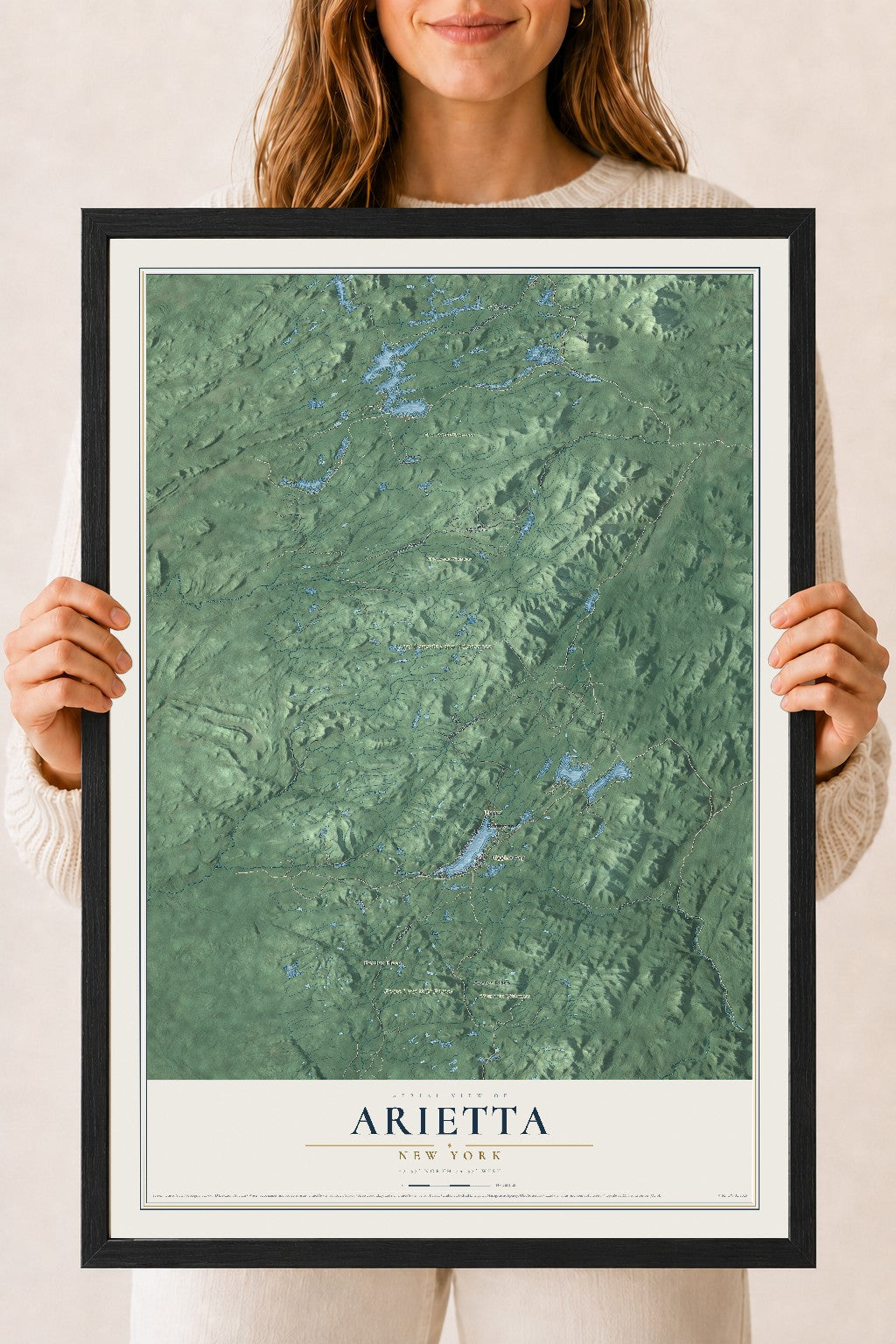 Arietta, New York map print, 18" x 24" W/ Black Ayous Wood Frame mockup
