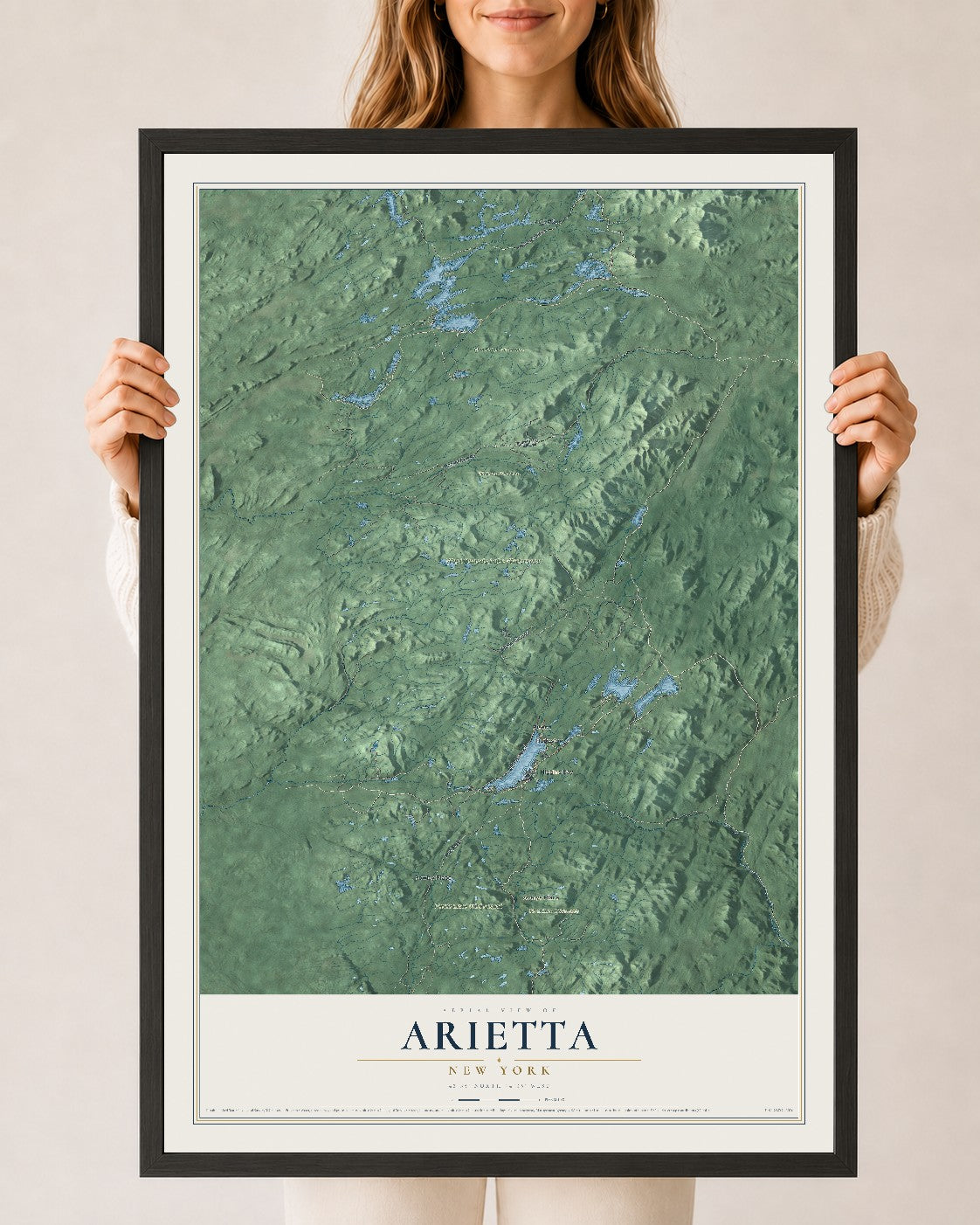 Arietta, New York map print, 24" x 36" W/ Black Ayous Wood Frame mockup