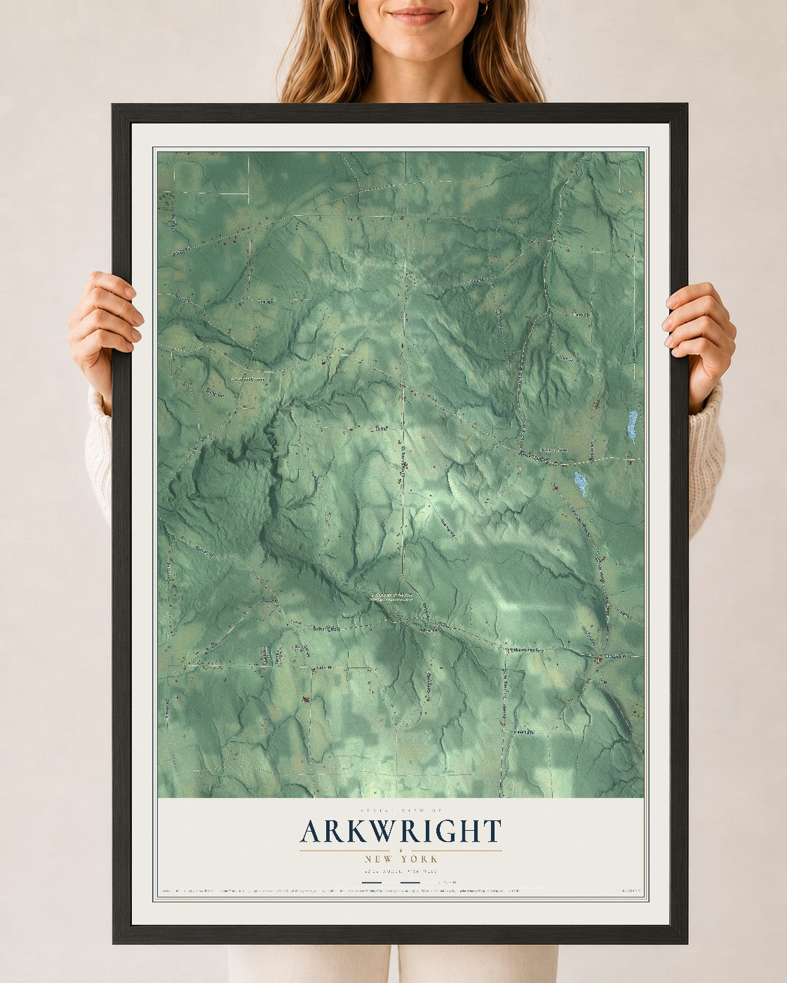 Arkwright, New York map print, 24" x 36" W/ Black Ayous Wood Frame mockup