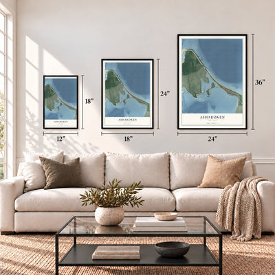 Asharoken, New York map in 12 x 18, 18 x 24 and 24 x 36 inch sizes above a sofa