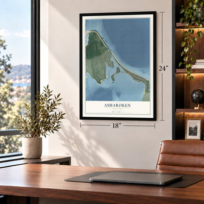 Asharoken, New York map, 18 x 24 inch print in a black frame in a home office