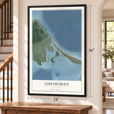 Asharoken, New York map, 24 x 36 inch print in a black frame by a staircase
