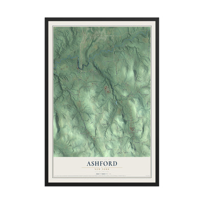 Ashford, New York map print, 12" x 18" W/ Black Ayous Wood Frame mockup