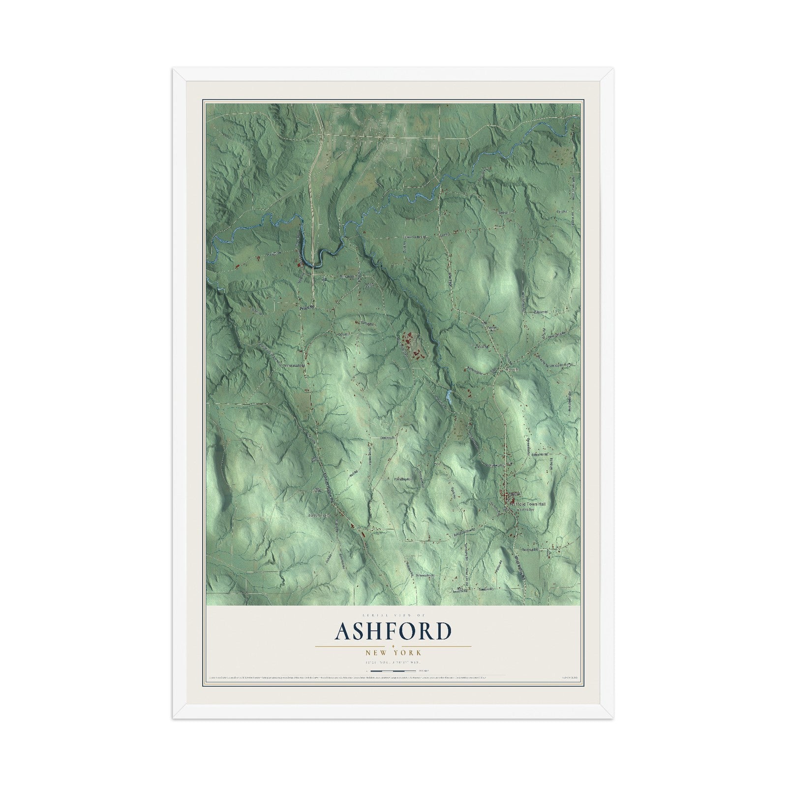 Ashford, New York map print, 12" x 18" W/ White Ayous Wood Frame mockup