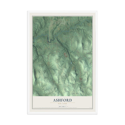Ashford, New York map print, 12" x 18" W/ White Ayous Wood Frame mockup
