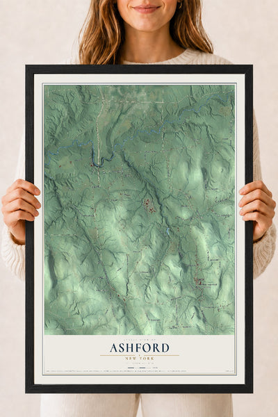 Ashford, New York map print, 18" x 24" W/ Black Ayous Wood Frame mockup