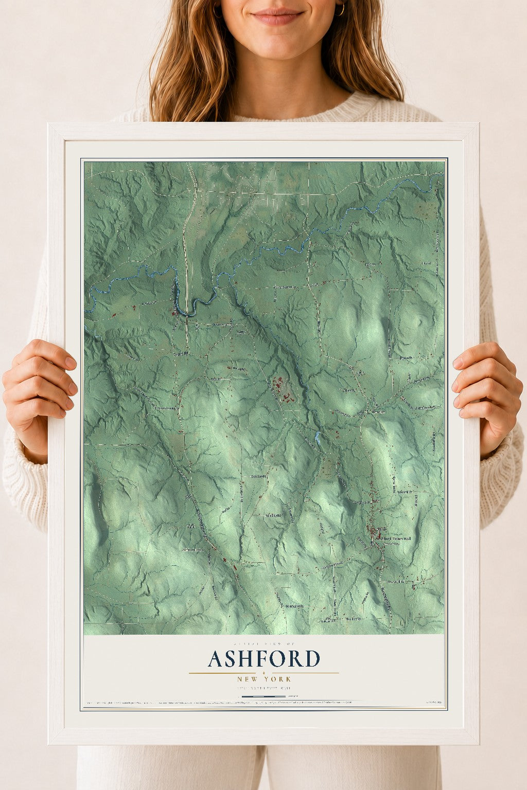Ashford, New York map print, 18" x 24" W/ White Ayous Wood Frame mockup