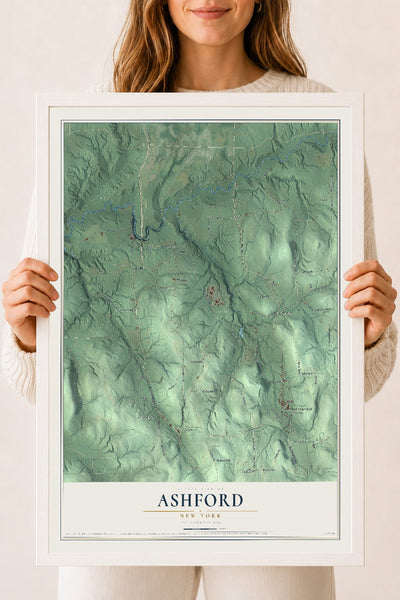 Ashford, New York map print, 18" x 24" W/ White Ayous Wood Frame mockup