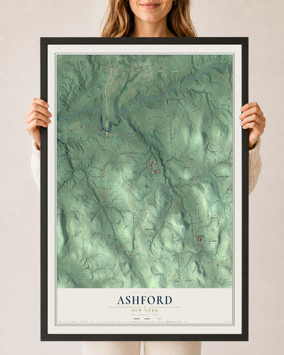 Ashford, New York map print, 24" x 36" W/ Black Ayous Wood Frame mockup