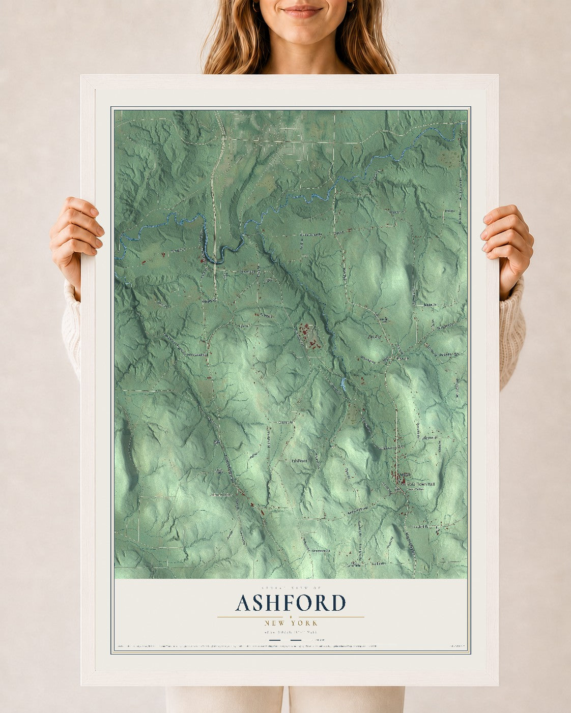 Ashford, New York map print, 24" x 36" W/ White Ayous Wood Frame mockup