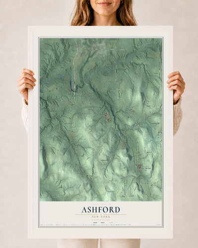 Ashford, New York map print, 24" x 36" W/ White Ayous Wood Frame mockup