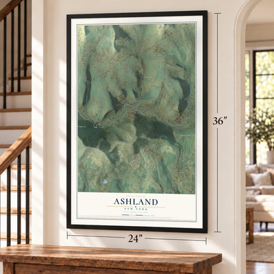 Ashland, New York map, 24 x 36 inch print in a black frame by a staircase