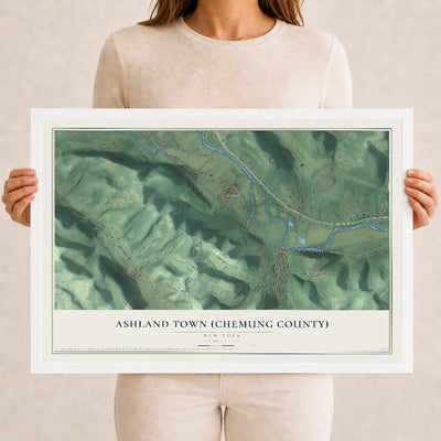 Ashland Town (Chemung County), New York map print, 12" x 18" W/ White Ayous Wood Frame mockup