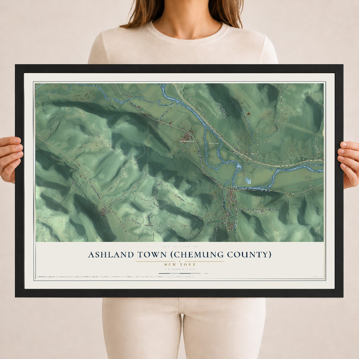 Ashland Town (Chemung County), New York map print, 18" x 24" W/ Black Ayous Wood Frame mockup