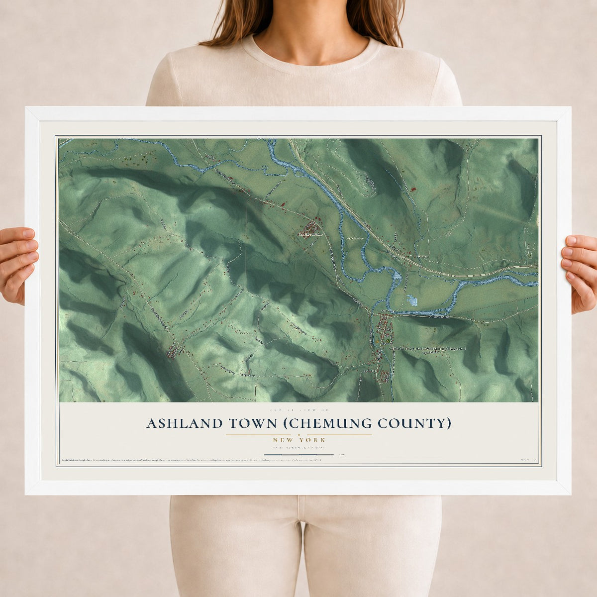 Ashland Town (Chemung County), New York map print, 18" x 24" W/ White Ayous Wood Frame mockup