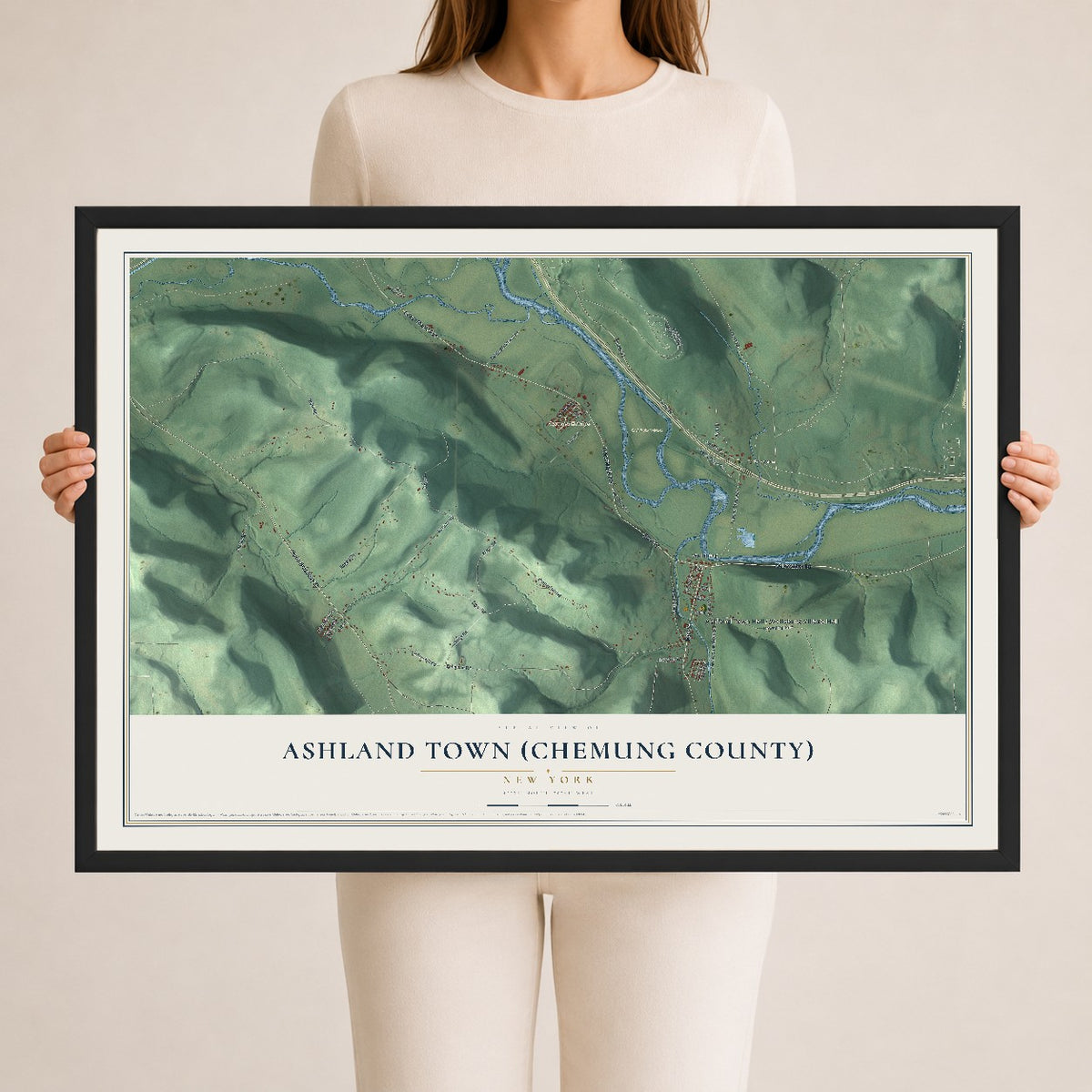 Ashland Town (Chemung County), New York map print, 24" x 36" W/ Black Ayous Wood Frame mockup