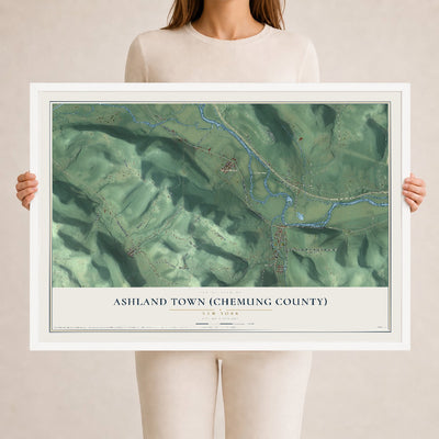 Ashland Town (Chemung County), New York map print, 24" x 36" W/ White Ayous Wood Frame mockup