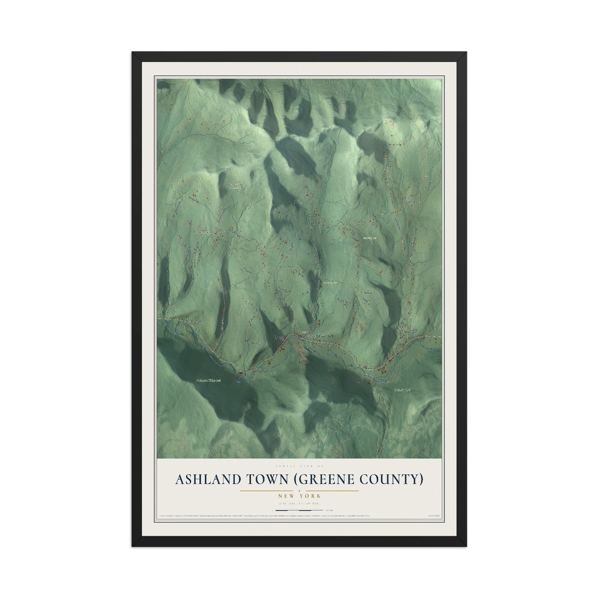 Ashland Town (Greene County), New York map print, 12" x 18" W/ Black Ayous Wood Frame mockup