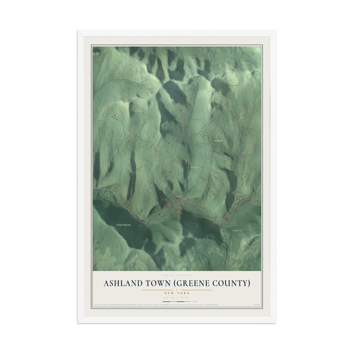 Ashland Town (Greene County), New York map print, 12" x 18" W/ White Ayous Wood Frame mockup