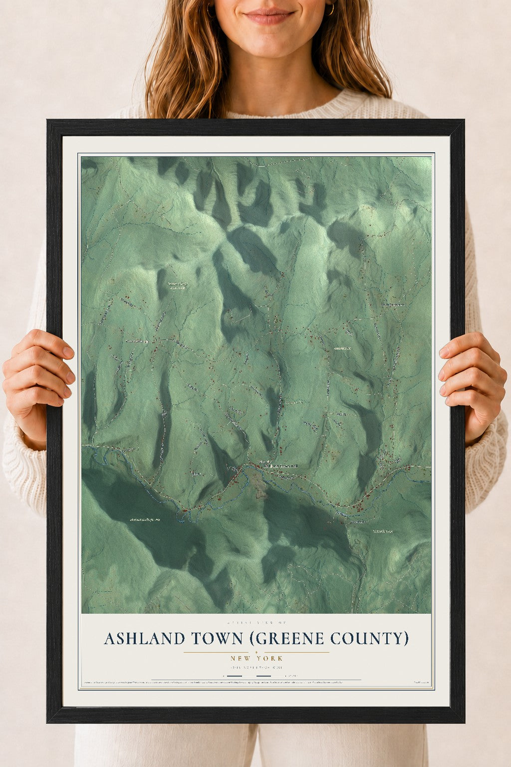 Ashland Town (Greene County), New York map print, 18" x 24" W/ Black Ayous Wood Frame mockup