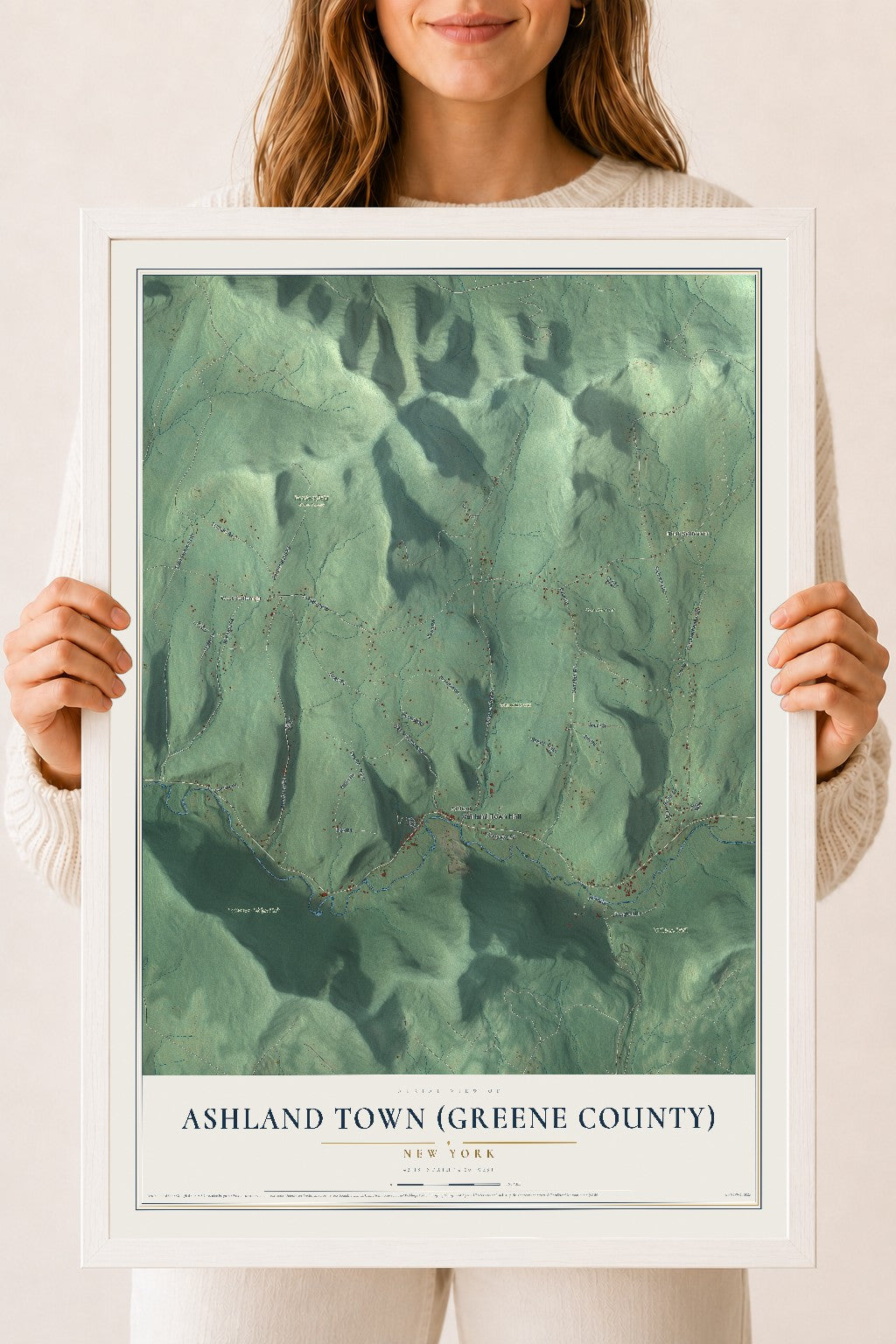 Ashland Town (Greene County), New York map print, 18" x 24" W/ White Ayous Wood Frame mockup