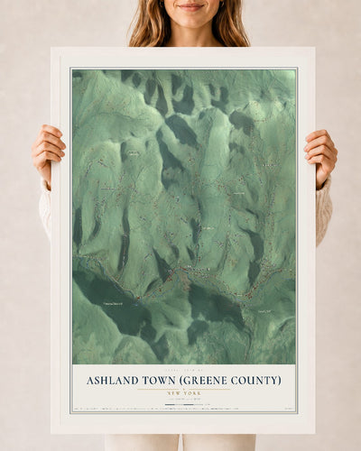 Ashland Town (Greene County), New York map print, 24" x 36" W/ White Ayous Wood Frame mockup