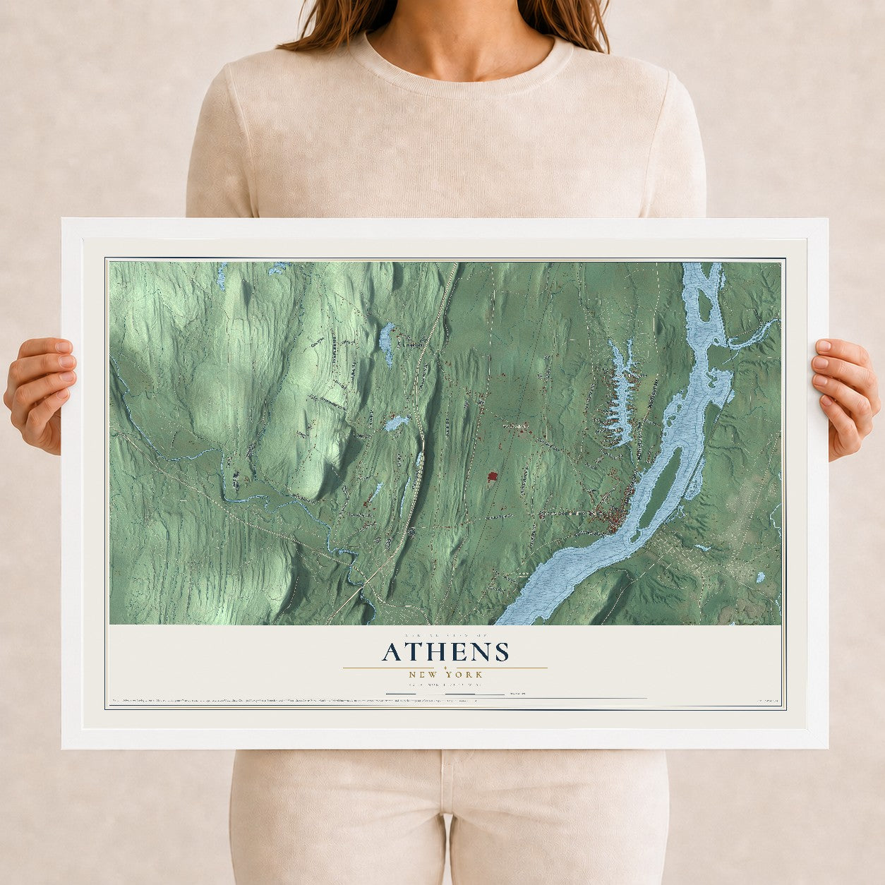 Athens, New York map print, 12" x 18" W/ White Ayous Wood Frame mockup