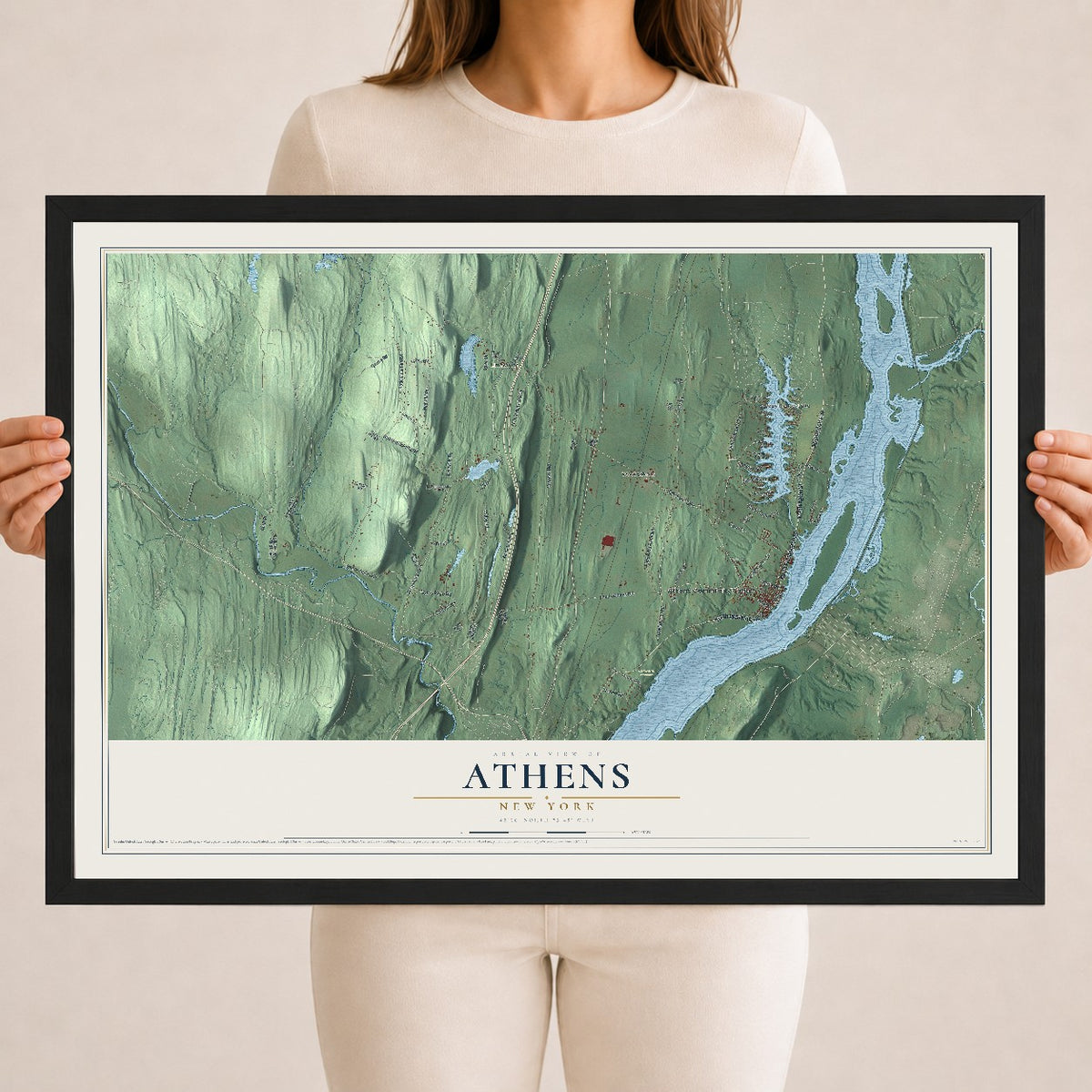 Athens, New York map print, 18" x 24" W/ Black Ayous Wood Frame mockup
