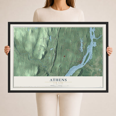 Athens, New York map print, 24" x 36" W/ Black Ayous Wood Frame mockup
