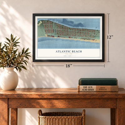 Atlantic Beach, New York map, 12 x 18 inch print in a black frame in an entryway
