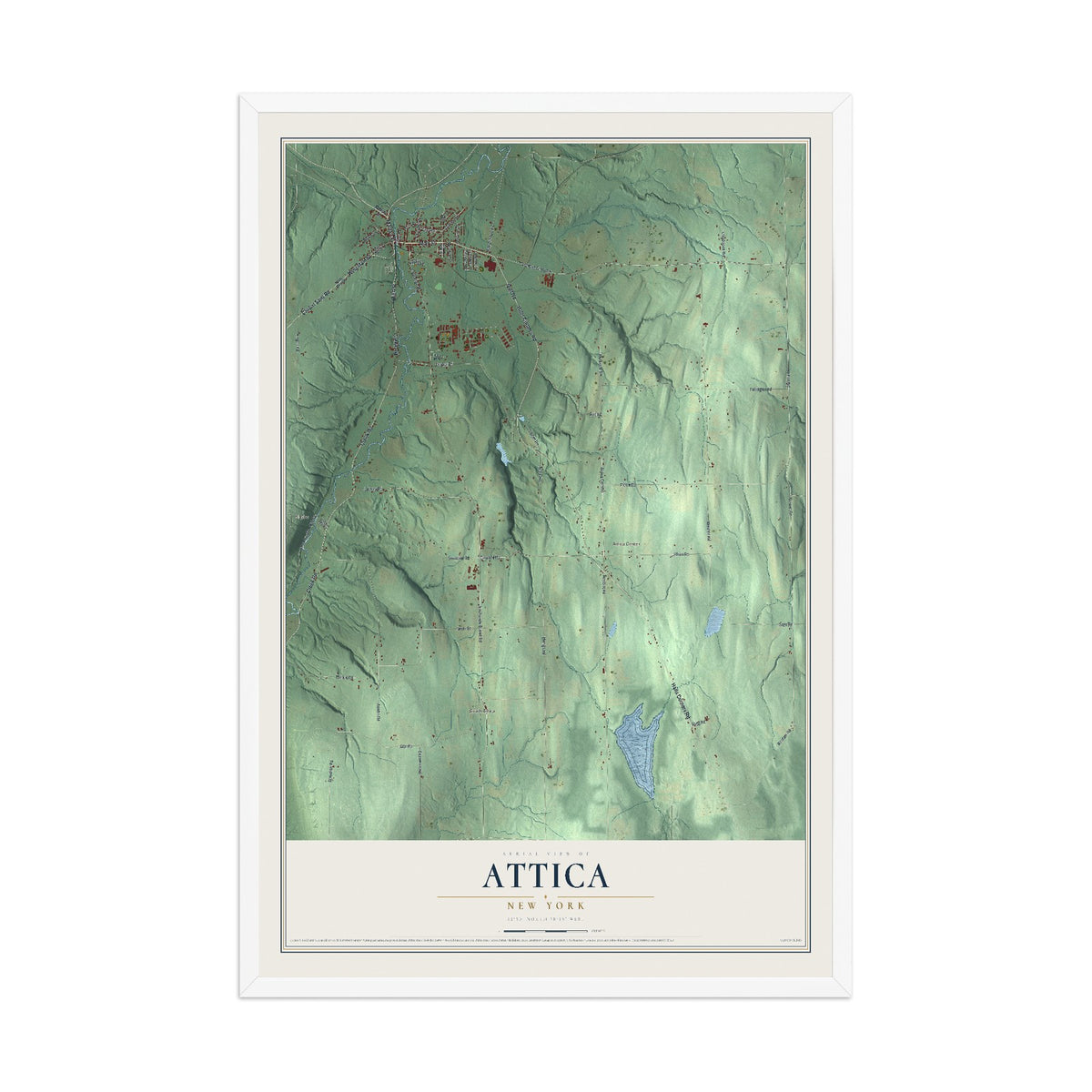 Attica, New York map print, 12" x 18" W/ White Ayous Wood Frame mockup