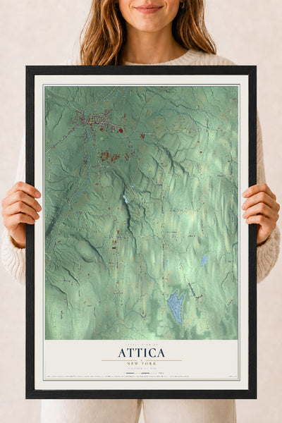 Attica, New York map print, 18" x 24" W/ Black Ayous Wood Frame mockup