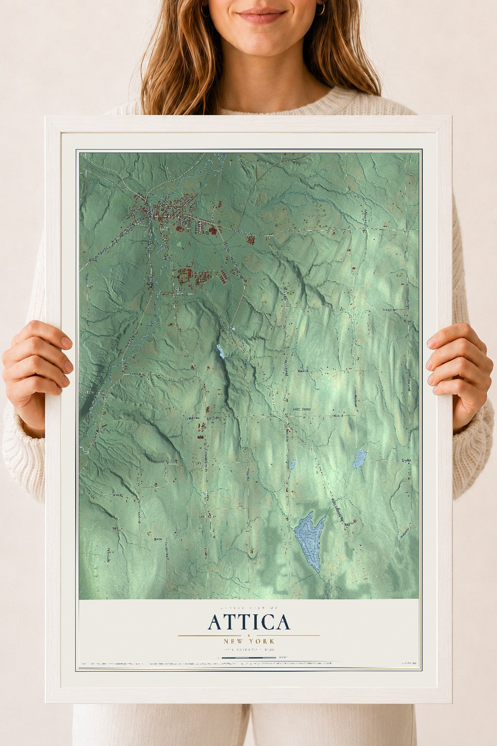 Attica, New York map print, 18" x 24" W/ White Ayous Wood Frame mockup
