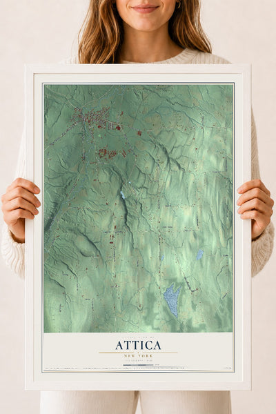 Attica, New York map print, 18" x 24" W/ White Ayous Wood Frame mockup