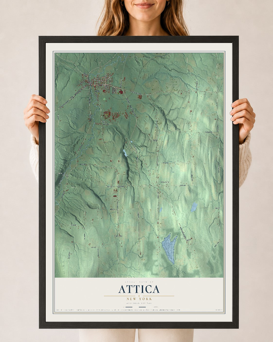 Attica, New York map print, 24" x 36" W/ Black Ayous Wood Frame mockup