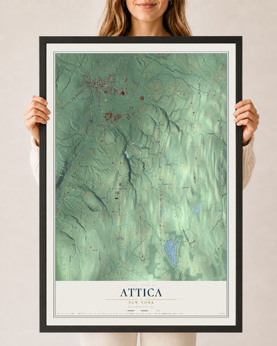 Attica, New York map print, 24" x 36" W/ Black Ayous Wood Frame mockup